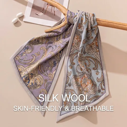 Women Luxury Mulberry Silk Wool Blend Scarf Double Layer Contrasting Color Paisley Houndstooth Print Neck Ribbon Twilly Scarf