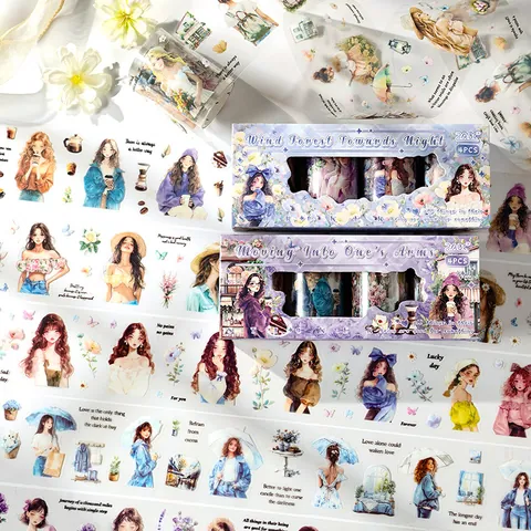 4 Rolls PET Die-Cut Scrapbook Tape Set Waterproof Anime Girl Floral Pattern Decorative Stickers For Journal Planner Stationery Gift