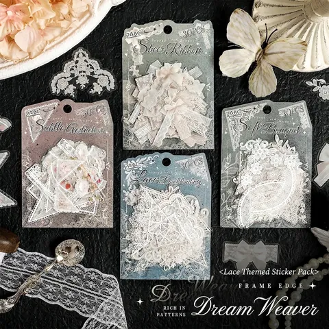 Retro White Lace PET Stickers Pack Waterproof Frame Border Decorative Material Stickers For DIY Scrapbooking Journaling 30PCS