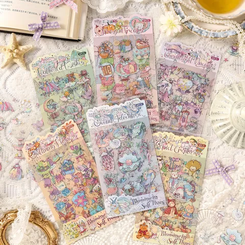 Waterproof PET Stickers For Scrapbooking Cute Hand Drawn Animals Floral Deco Stickers Stationery Aesthetic Material Paper