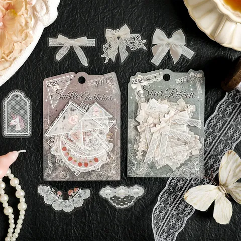 Retro White Lace PET Stickers Pack Waterproof Frame Border Decorative Material Stickers For DIY Scrapbooking Journaling 30PCS