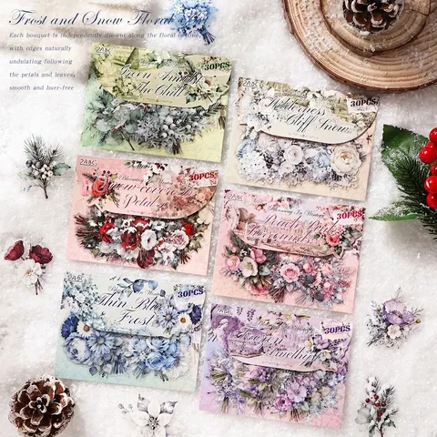 Pegatinas de PET Vintage de Flores de Invierno en Acuarela Impermeables Florales Dibujadas a Mano para Scrapbooking y Diario