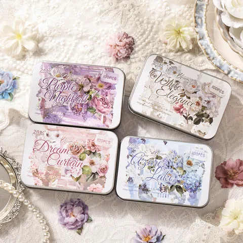 Vintage Floral PET Waterproof Stickers Set With Tin Box Laser Gold Gilded Flower Scrapbooking Journaling Deco Stickers
