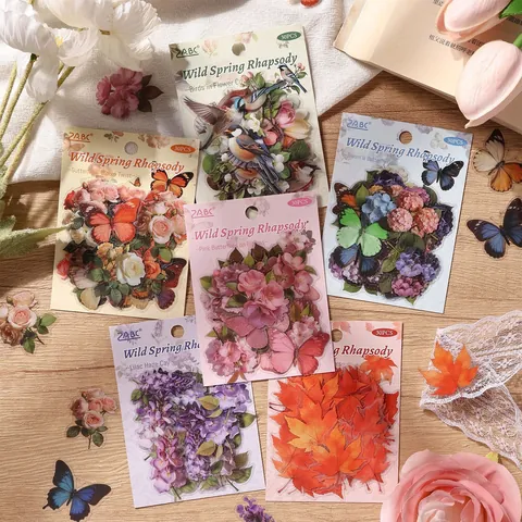 Vintage PET Waterproof Stickers Flower Butterfly Bird Maple Leaf Patterns For Journaling Scrapbooking DIY Decoration