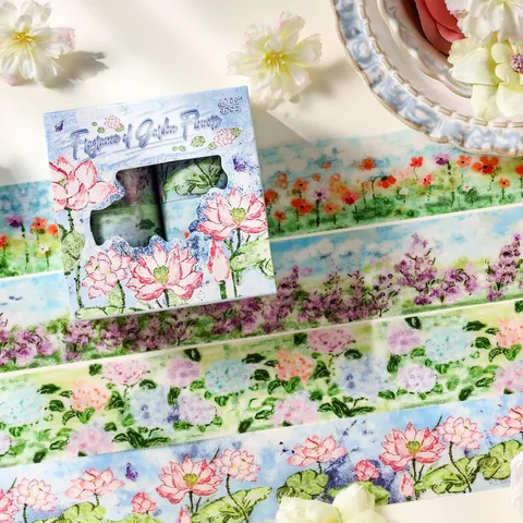 Floral Landscape PET Decorative Tape Set For Scrapbooking DIY Craft Waterproof Flower Pattern Stickers Journaling Supplies