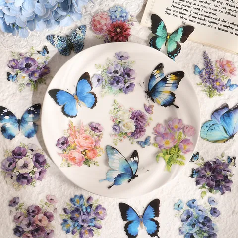 Vintage Butterfly Floral PET Waterproof Stickers For Journaling Scrapbooking Aesthetic Transparent Flower Butterfly Decals
