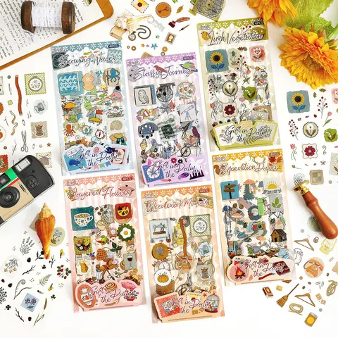 Vintage PET Waterproof Stickers Pack For Journaling Scrapbooking Aesthetic Printed Botanical Celestial DIY Craft Decor