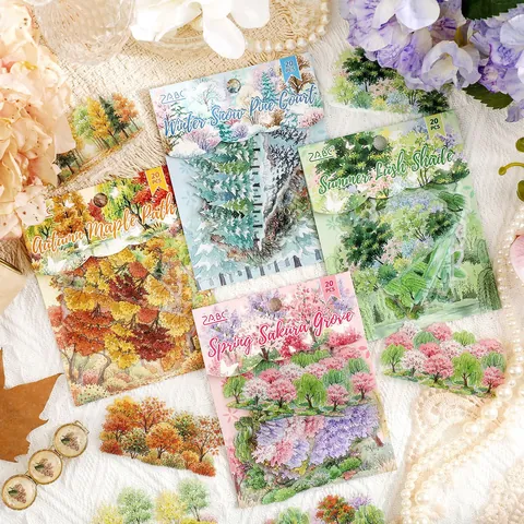Four Seasons Forest Scrapbook Stickers Four Theme Packs Waterproof PET Floral Tree Landscape Decals For DIY Journal Decor