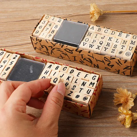 Vintage Wooden Rubber Letter Number Stamp Set With Ink Pad DIY Decorative Stamps For Scrapbooking Journaling Planning Office School