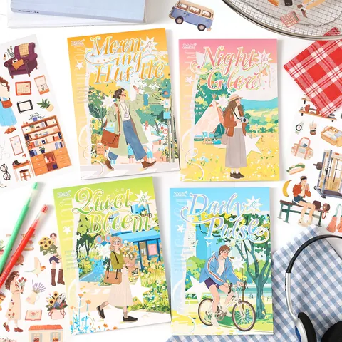Z.ABC PET Stickers Book 20 Sheets Die-cut Waterproof Hand-drawn Illustration Lifestyle Material Stickers for Journaling