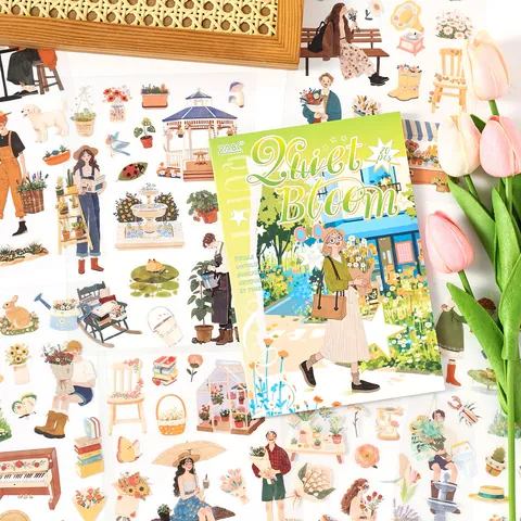 Z.ABC PET Stickers Book 20 Sheets Die-cut Waterproof Hand-drawn Illustration Lifestyle Material Stickers for Journaling