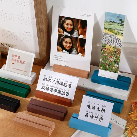 Creative Wooden Desk Card Holder Base Colorful Photo Memo Postcard Message Clip for Office Home Desktop Decoration