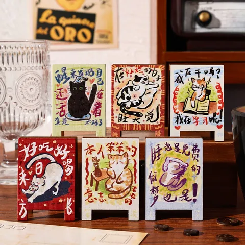 Cute Cartoon Cat Doodle Wooden Card Holder Stand Creative Desktop Memo Photo Note Holder Office Desk Decoration Gift