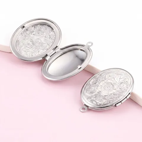 Pendentif Médaillon Ovale en Acier Inoxydable Pendentif Seul Sans Chaîne Relief Floral Cadre Photo DIY Collier Bijoux Femme