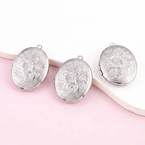 Pendentif Médaillon Ovale en Acier Inoxydable Pendentif Seul Sans Chaîne Relief Floral Cadre Photo DIY Collier Bijoux Femme