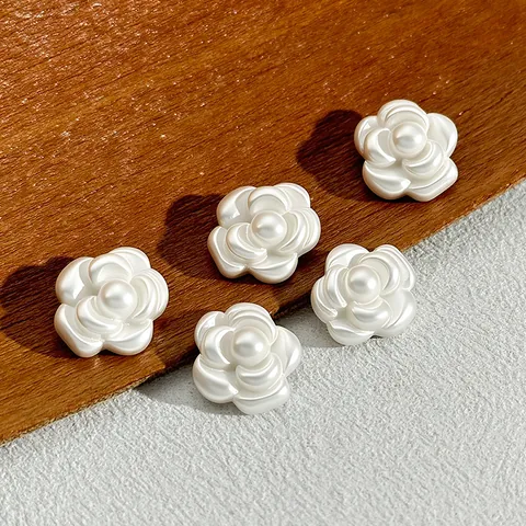 White Zinc Alloy Flower Decorative Buttons With Artificial Pearl Camellia Shape Elegant Sewing Buttons For Coats Sweaters Jackets Women