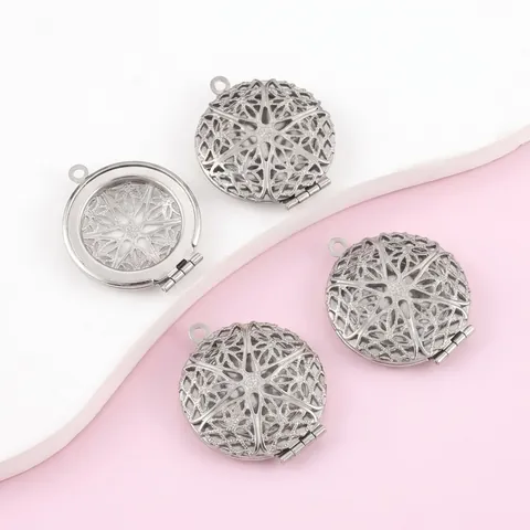 Edelstahl Rund Hohl Medaillon Anhänger Ohne Kette Geometrisch Stern Blumenmuster Fotorahmen DIY Schmuckherstellung Zubehör