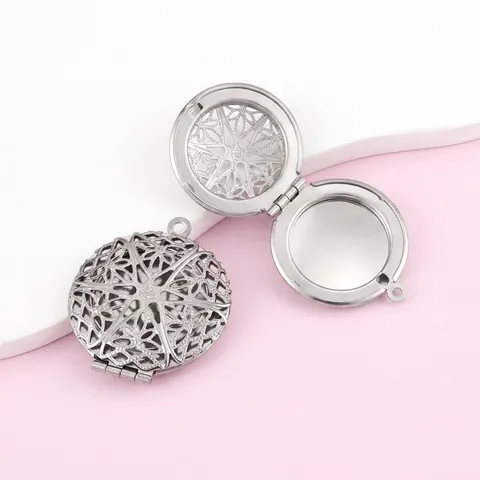 Edelstahl Rund Hohl Medaillon Anhänger Ohne Kette Geometrisch Stern Blumenmuster Fotorahmen DIY Schmuckherstellung Zubehör