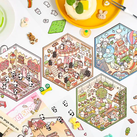 3D Cartoon House Scene Stickers PET DIY Scrapbooking Journal Decorative Stickers For Kids Stationery School Supplies