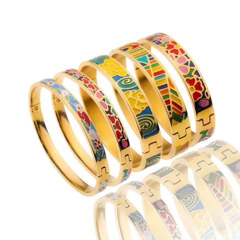 Women Enamel Bangle Titanium Steel Bracelet 18K Gold Plated Floral Geometric Drip Oil Fashion Jewelry Bangle For Daily Dating Party