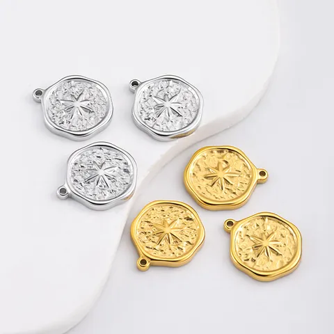 Stainless Steel Hammered Star Round Pendant Starburst Disc Charms For DIY Jewelry Making Necklace Bracelet Retro Accessories