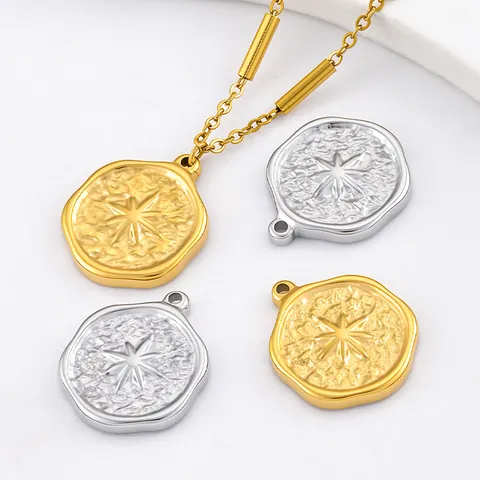 Stainless Steel Hammered Star Round Pendant Starburst Disc Charms For DIY Jewelry Making Necklace Bracelet Retro Accessories