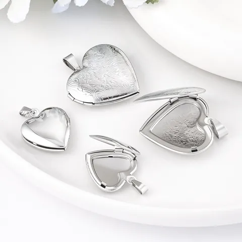 Polished Stainless Steel Heart Locket Pendant For DIY Jewelry Making Floral Engraved Openable Photo Locket Charm For Women