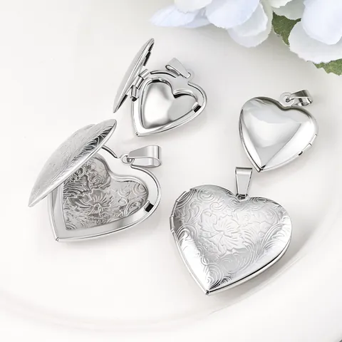 Polished Stainless Steel Heart Locket Pendant For DIY Jewelry Making Floral Engraved Openable Photo Locket Charm For Women