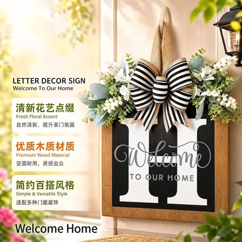 Personalized Alphabet Wooden Welcome Sign For Front Door Rustic Home Decor With Floral And Bow Wall Hanging Decoration