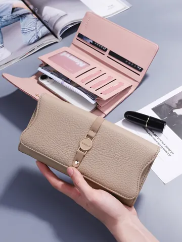 Women High Capacity Long Wallet PU Leather Lychee Pattern Contrast Color Clutch Handbag Multi Card Slots Mobile Phone Purse