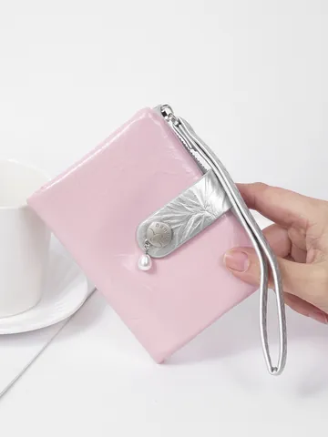 Exquisite Women Short Cracked Texture PU Leather Wallet Pearl Pendant Wristlet Portable Multi Slot Card Holder Coin Purse