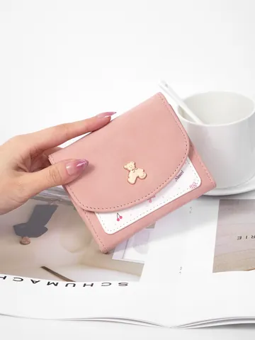 Women's Cute Bear Trifold Wallet Short PU Leather Frosted Multi-card Slot Large Capacity Coin Purse ID Storage Bag