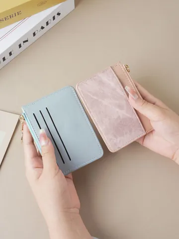 Ultra Thin Women Card Holder Multi Functional Zipper Coin Purse PU Leather Slim Wallet With Keychain Gold Hardware Daily Portable Card Sleeve