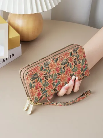 Portefeuille Long en Liège Imprimé Rétro pour Femmes Double Fermeture Éclair Pochette Grande Capacité Avec Dragonne Mandala Floral