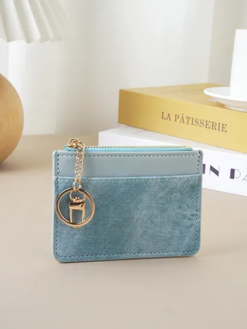 Ultra Thin Women Card Holder Multi Functional Zipper Coin Purse PU Leather Slim Wallet With Keychain Gold Hardware Daily Portable Card Sleeve