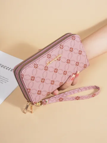 Women's Vintage Synthetic Leather Long Wallet Double Zipper Clutch Bag Floral Geometric Monogram Print Multi Card Slot Phone Purse With Wristlet