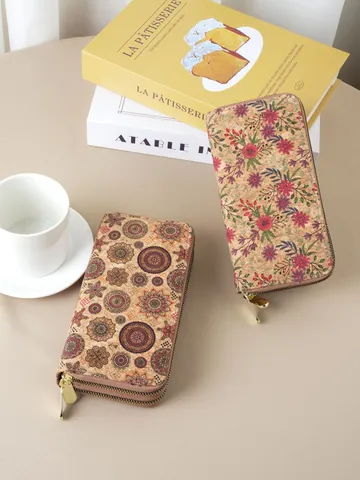 Portefeuille Long en Liège Imprimé Rétro pour Femmes Double Fermeture Éclair Pochette Grande Capacité Avec Dragonne Mandala Floral