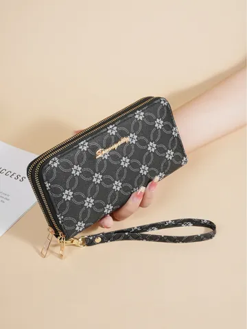 Women's Vintage Synthetic Leather Long Wallet Double Zipper Clutch Bag Floral Geometric Monogram Print Multi Card Slot Phone Purse With Wristlet