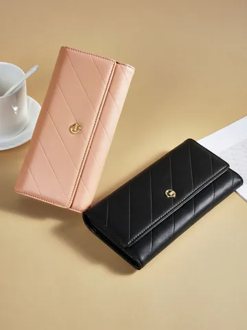 Women Fashion Simple Long Wallet Large Capacity Quilted Clutch Bag Luxury PU Leather Multi Card Slot Phone Handbag With Gold Metal Logo