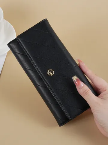 Women Fashion Simple Long Wallet Large Capacity Quilted Clutch Bag Luxury PU Leather Multi Card Slot Phone Handbag With Gold Metal Logo