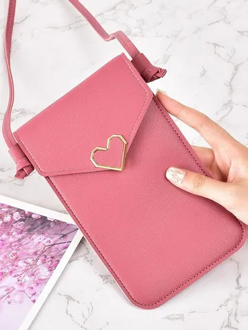 Women Crossbody Mobile Phone Bag Touch Screen Multi Function Heart Buckle PVC Polyester Lining Lightweight Shoulder Purse