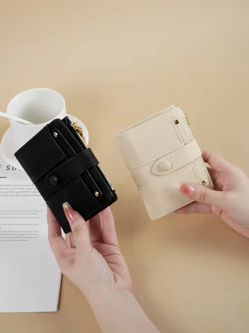 Women's PU Leather Short Bifold Wallet Minimalist Solid Color Multi Card Slot Purse With Zipper Coin Pocket Rivet Decor