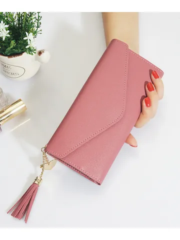 Women Long Slim Wallet PU Leather Heart Metal Charm Tassel Envelope Purse Card Holder ID Storage Bag Multi-functional Coin Pouch