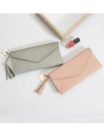 Women Long Slim Wallet PU Leather Heart Metal Charm Tassel Envelope Purse Card Holder ID Storage Bag Multi-functional Coin Pouch
