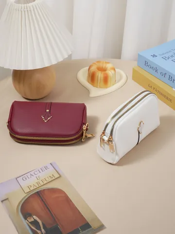 Sac pour Téléphone Portable pour Femmes en Cuir PU Motif Lychee Double Fermeture Éclair Tulipe Sac à Bandoulière Petit Carré