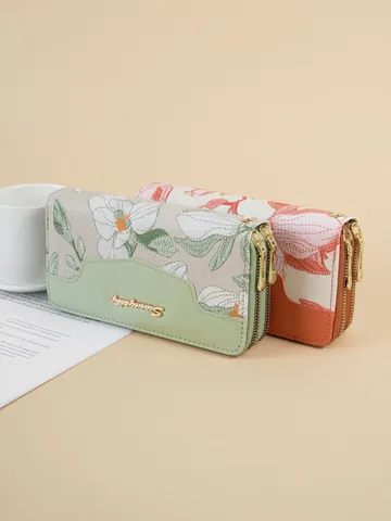 Women's Chinese Style Floral Embroidery Long Wallet Double Zipper Clutch Purse Patchwork PU Leather Mobile Phone Bag With Wristlet Strap