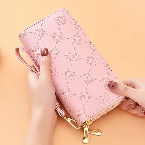 Women Large Capacity PU Leather Clutch Bag Double Zipper Embossed Long Wallet Phone Bag Multi Card Slot Fashion Purse