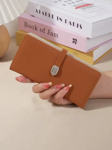 Women Long Wallet PU Leather Credit Card Holder Buckle Zipper Purse Stylish Solid Color Multifunctional Clutch Bag For Daily