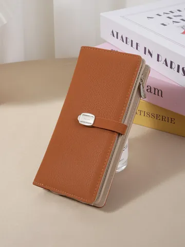 Women Long Wallet PU Leather Credit Card Holder Buckle Zipper Purse Stylish Solid Color Multifunctional Clutch Bag For Daily