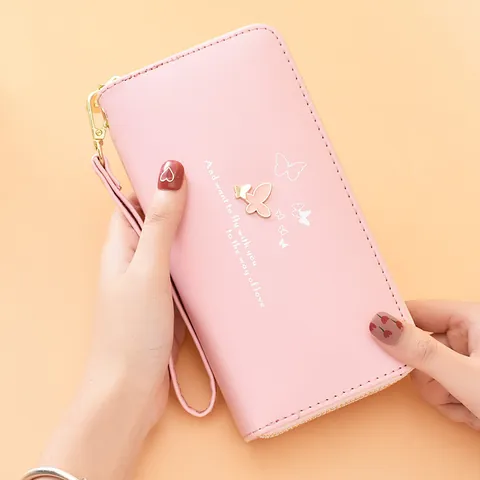 Women Fashion Long Wallet Butterfly Printed PU Leather Double Zipper Clutch Purse With Wrist Strap Phone Holder Card Case